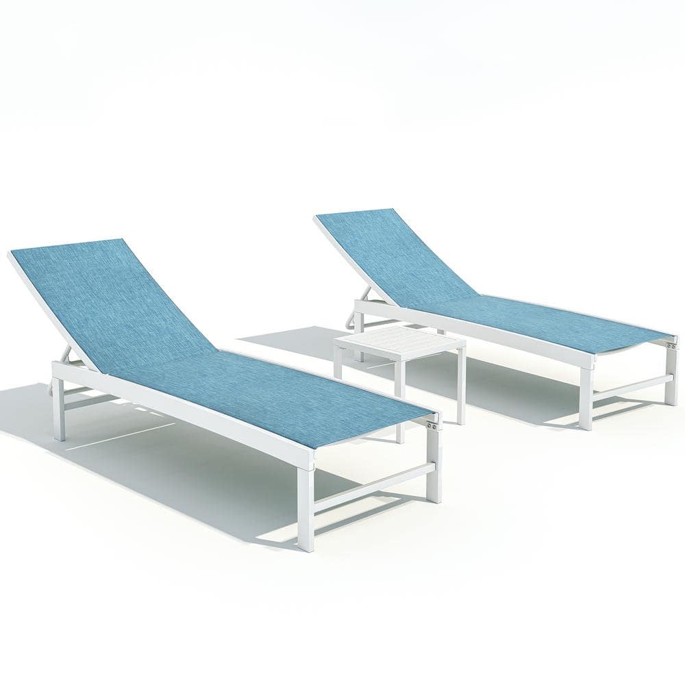 74.8" Blue Fabric and White Aluminum Outdoor Chaise Lounge Set