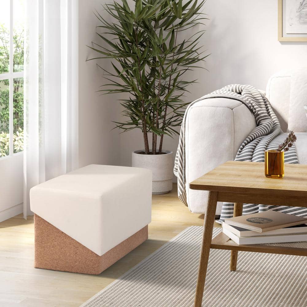 Cream and Cork Fabric Storage Trunk Ottoman with Cushion Top