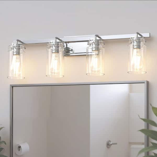 31.5 in. 4 Light Chrome Vanity Light with Clear Glass Shades and E26 Medium Base for Bathroom