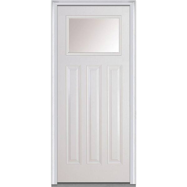 MMI Door 36 in. x 80 in. Clear Right-Hand Craftsman 1/4 Lite 3-Panel Classic Primed Fiberglass Smooth Prehung Front Door