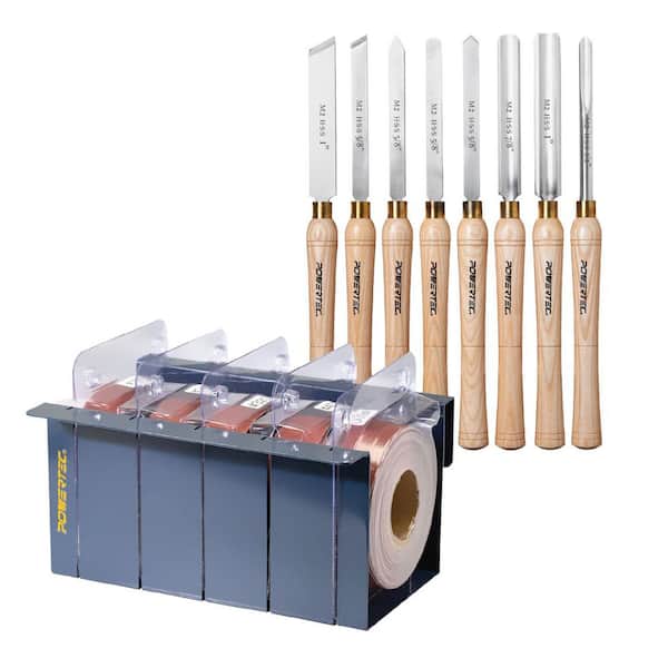 8PCS Wood Lathe Tools Set-HSS Steel Blades & 5PCS Aluminum Oxide Abrasive Sand Paper Roll (Metal Boxed) for Woodworking