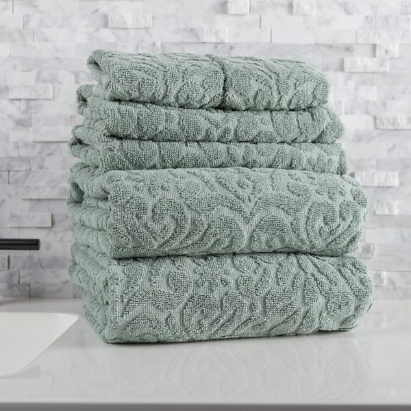 6Pc Combed Cotton Bath Towel Set with 2 Bath Sheets, 2 Hand Towels, and 2 Wash Cloths, Green Jacquard Bathroom Towels