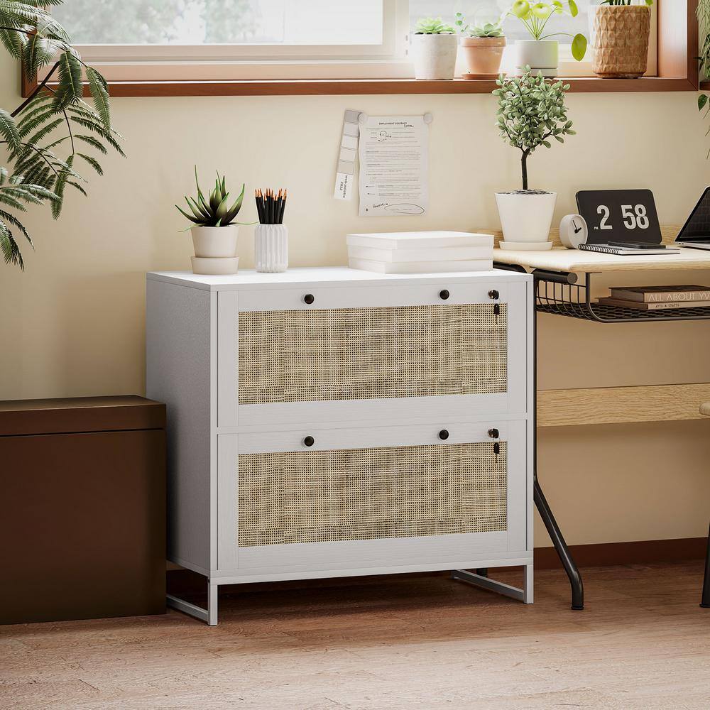 White and Rattan 2-Drawer Lockable Vertical File Cabinet
