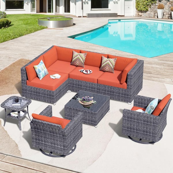 HOOOWOOO Messi Grey 8-Piece Wicker Outdoor Patio Conversation Sofa Set with Swivel Rocking chairs and Orange Red Cushions