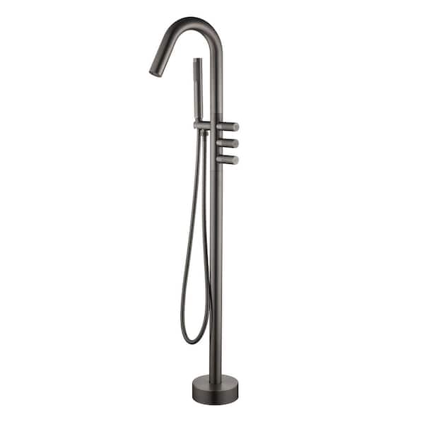 3-Handle Floor Mounted Tub Faucet with Hand Shower Brass Single Hole Freestanding Bathtub Fillers in Gray