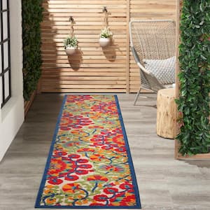 Aloha Easy-Care Red/Multicolor 2 ft. x 10 ft. Kitchen Runner Floral Modern Indoor/Outdoor Patio Area Rug