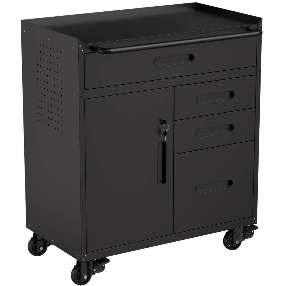 "34.3"" Rolling Steel Tool Cabinet with 4 Drawers & Lockable Compartment, Mobile Garage Storage Chest with Pegboard Side P" price history on PriceWatchPro