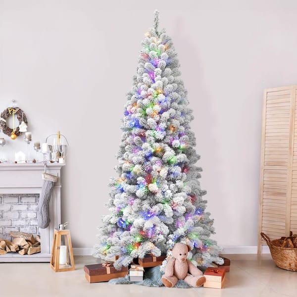 12 ft. Pre-Lit Flocked Akaskan Pine Artificial Christmas Tree with Multi-Color LED String Lighting
