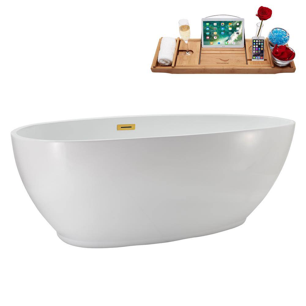 67" Glossy White Acrylic Freestanding Soaking Bathtub with Polished Gold Trim