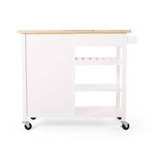 Rolling White Rubber Wood Tabletop 42 in. Kitchen Island with Casters and Shelves