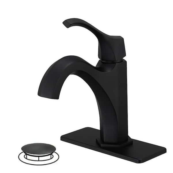 HOMEMYSTIQUE Single Handle Single Hole Bathroom Faucet with Drain Kit Included in Matte Black
