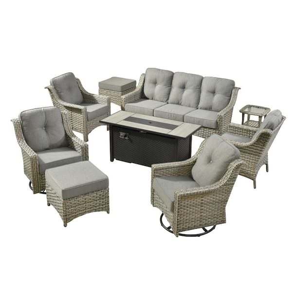 Cherry 9-Piece Wicker Outdoor Furniture Patio Fire Pit Conversation Sofa Set with Swivel Chairs and Dark Grey Cushions