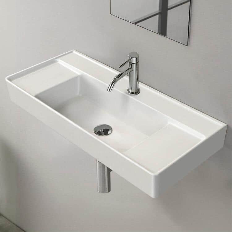 White Ceramic 33.5'' Rectangular Wall-Mount Bathroom Sink