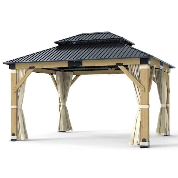 COVERONICS 11 ft. x 13 ft. Wood Frame Outdoor Patio Double Galvanized Steel Roof Hardtop Gazebo with Netting and Privacy Curtains