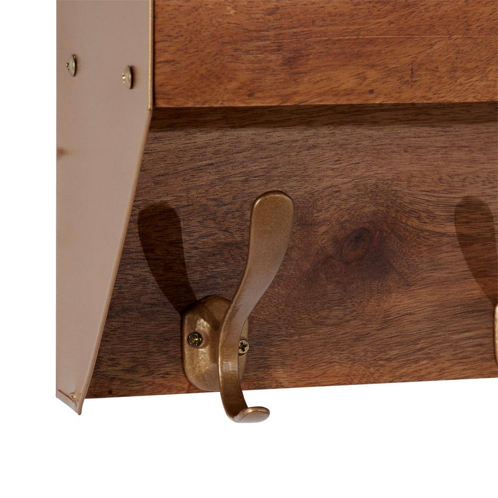 Golden Brown Industrial Iron & Wood Wall Shelf with Hooks