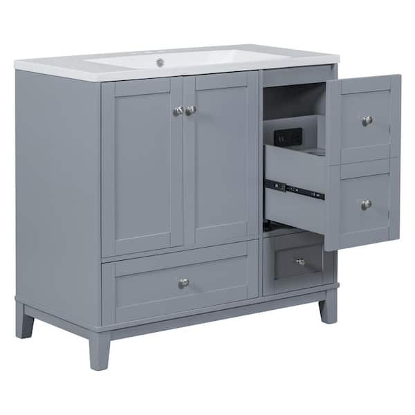 Unbranded 36 in. W x 18 in. D x 34 in. H Freestanding Bath Vanity in Gray with White Cultured Marble Top and USB Charging