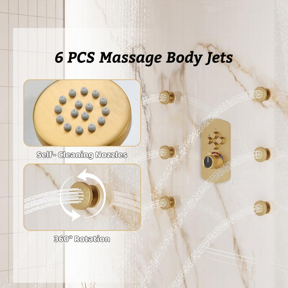 Brushed Gold Dual Square Wall Mounted Shower System with Body Jets