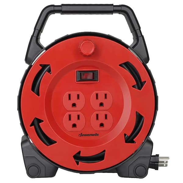 DEWENWILS 30 ft. 16/3 SJTW 10 Amp Retractable Extension Cord Reel with 4 Grounded Outlets, Red Black