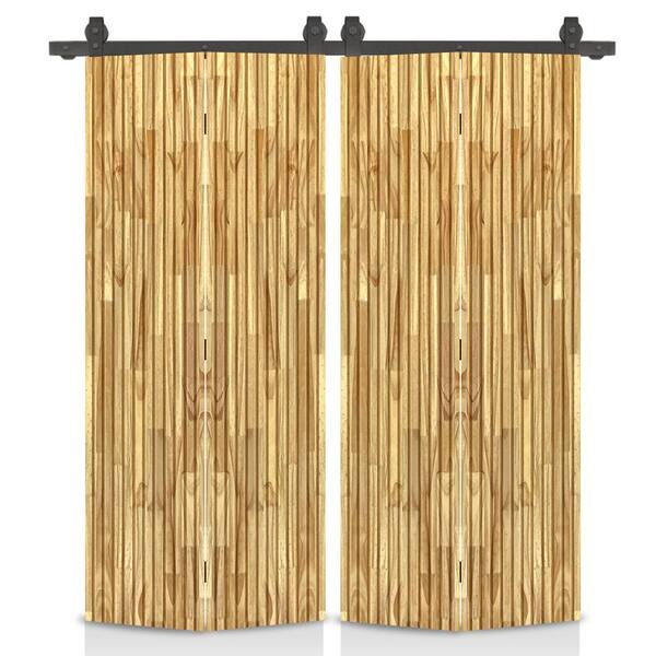 CALHOME Japanese Series 56 in. x 80 in. Hollow Core Weather Oak Pine Wood Double Bi-Fold Barn Door with Sliding Hardware Kit