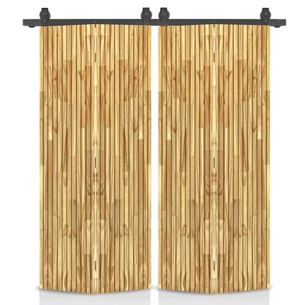 CALHOME Japanese Series 60 in. x 80 in. Hollow Core Weather Oak Pine Wood Double Bi-Fold Barn Door with Sliding Hardware Kit