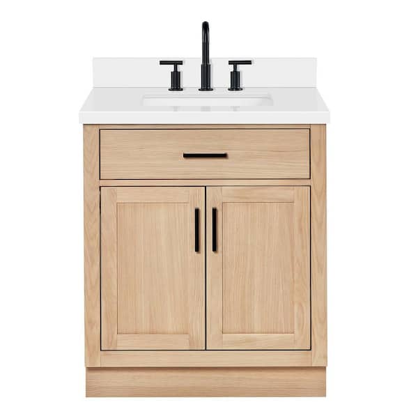 Hepburn 30 in. Single Sink Freestanding Bathroom Vanity in Oak with Pure White Quartz Top