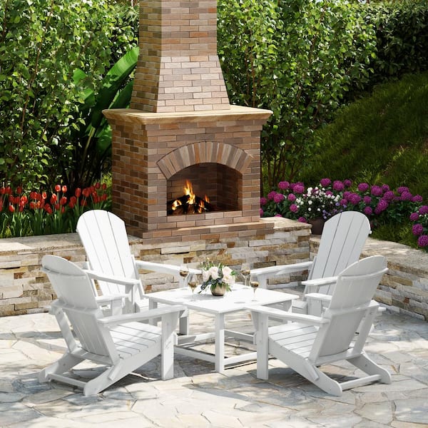 Laguna White Plastic Weather Resistant Adirondack Chair 5-Piece Outdoor Patio Conversation Set, Square Coffee Table
