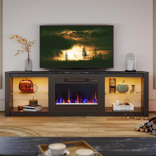 71 in. Freestanding Electric Fireplace TV Stand in Marble Black with Adjustable Shelves