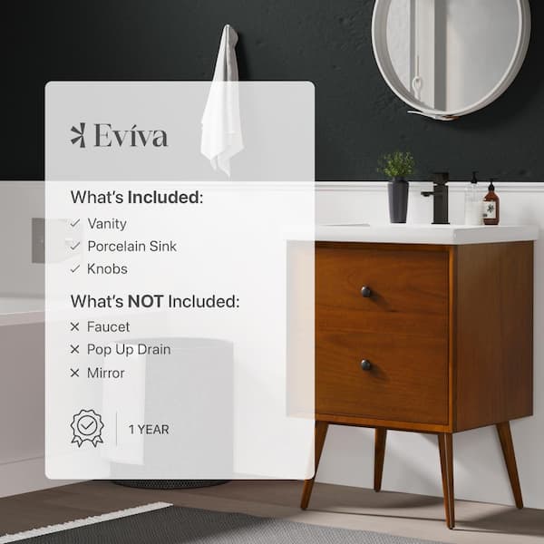 Eviva Caramel 24 in. W x 18 in. D x 34 in. H Single Sink Bath Vanity in Teak with White Porcelain Integrated Vanity Top