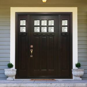 64 in. x 80 in. Craftsman Bungalow 6 Lite Right-Hand Inswing Hickory Stained Wood Prehung Front Door 12 in. Sidelites