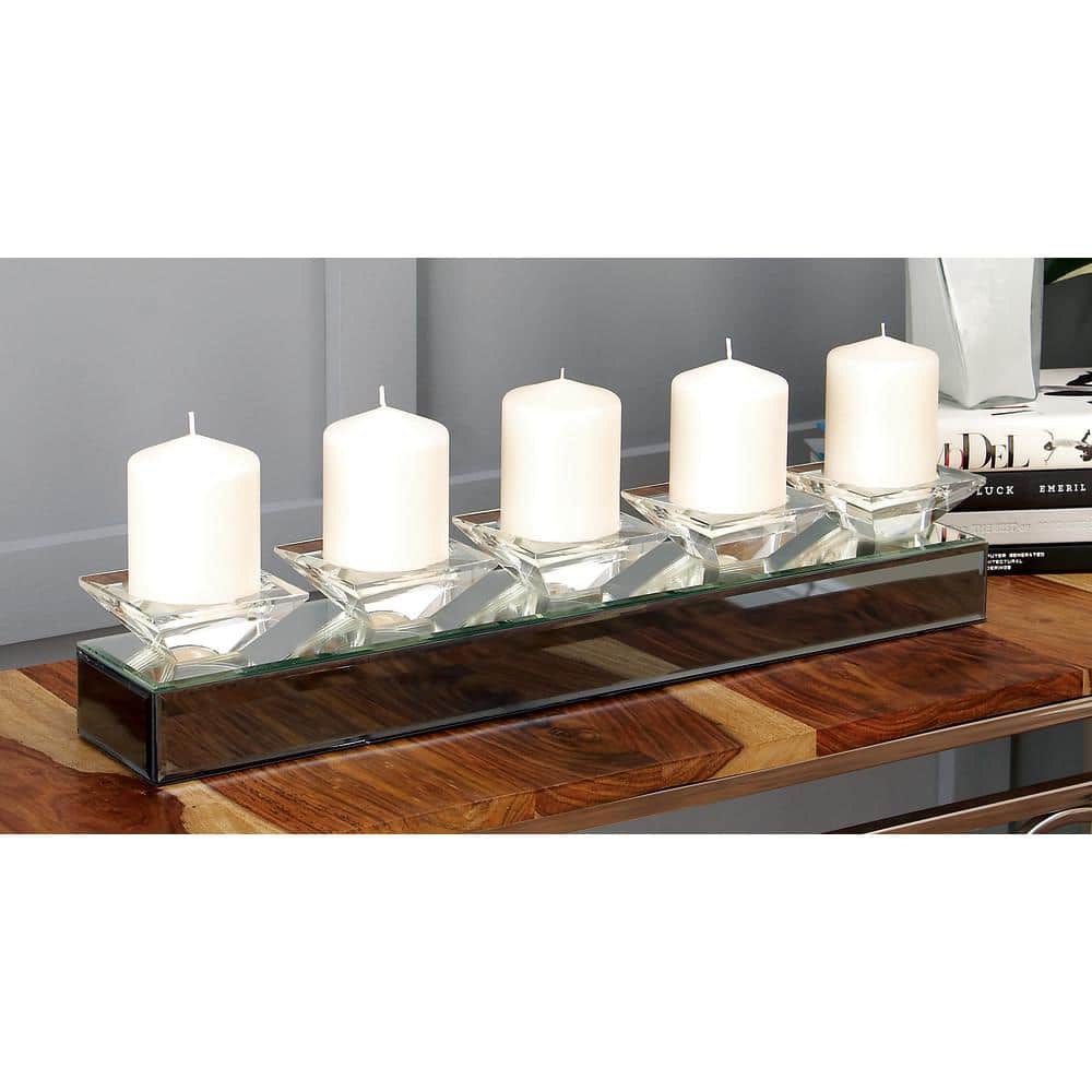 Silver Mirrored Glass and Wood Pillar Candle Holder