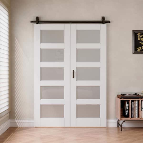 56 in. x 80 in. 5 Lite Tempered Frosted Glass White Primed MDF Bifold Sliding Barn Door with Hardware Kit
