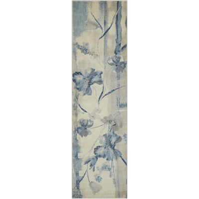 Somerset Ivory/Blue 2 ft. x 8 ft. Floral Vintage Runner Rug
