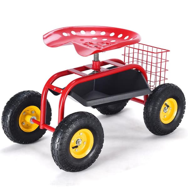 ANGELES HOME 33 in. Dia Red Iron Garden Cart with Heavy-Duty Tool Tray