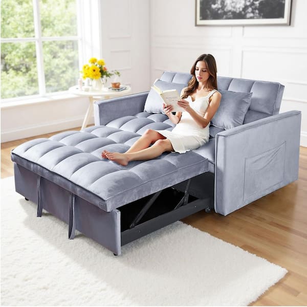 WONDER COMFORT 3-in-1 Convertible Loveseat 51 in. Light Gray Suede Pull-Out Twin Size Sofa Bed with Pocket and Throw Pillow