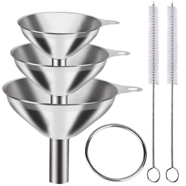 3-Piece Silver Stainless Steel Funnel Set with Brushes for Filling Bottles and Spices