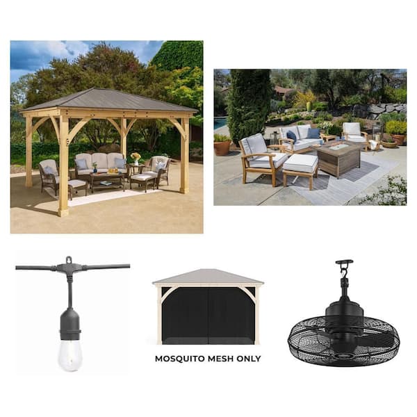 Meridian 12 ft. x 14 ft. Gazebo Kit, String Light, Fan, Loveseat Set and Mosquito Mesh Combo (5 Piece)