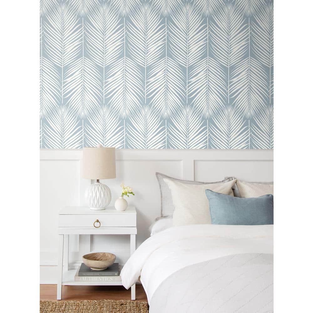 Light Blue and White Vinyl-Coated Palm Silhouette Wallpaper