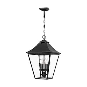 Galena Small 4-Light Black Outdoor Pendant Light with Seeded Glass