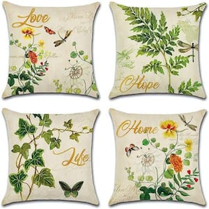 Outdoor Throw Pillow Covers Plant Butterfly Dragonfly Flower Pattern Decorative Cushion Covers Waterproof Set of 4