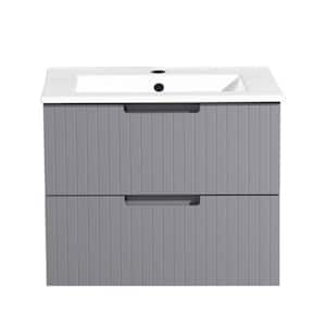 24 in. Floating Bath Vanity Cabinet in Gray with White Ceramic Sink Top Combo Set and 2 Large Drawers