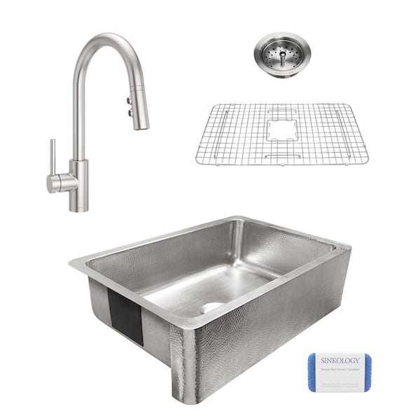 SINKOLOGY Lange 32 in Farmhouse Apron Front Undermount Single Bowl 18 Gauge Brushed Stainless Steel Kitchen Sink, Stainless Faucet