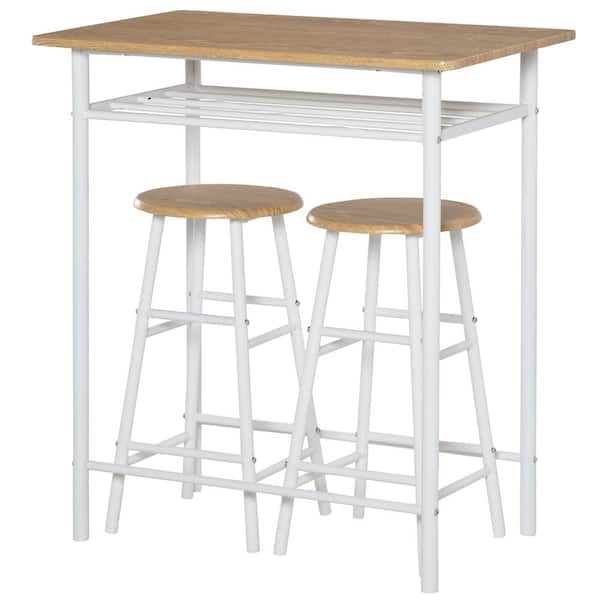 HOMCOM 3-Piece White Counter-Height Table and Chair Set with Storage Shelf and Metal Frame