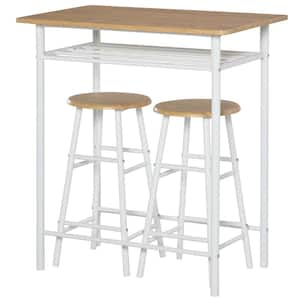 3-Piece White Counter-Height Table and Chair Set with Storage Shelf and Metal Frame