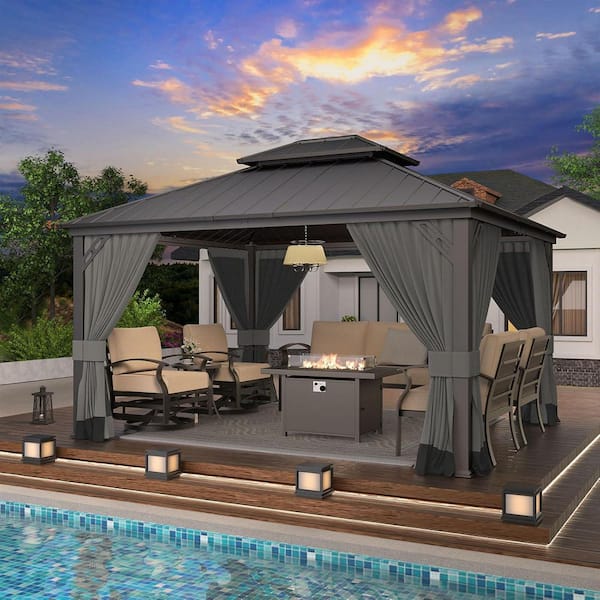 Halmuz 12 ft. x 14 ft. Gray Metal Hardtop Gazebo with Double Roof Pergola, Netting and Curtain Gray