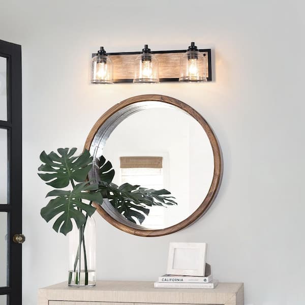 Farmhouse 23 in. 3-Light Black and Grey Wood Grain Metal Bathroom Vanity Light with Clear Seeded Glass Shades
