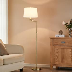 64.5 in. Antique Brass Adjustable Arc Floor Lamp with White Linen Shade