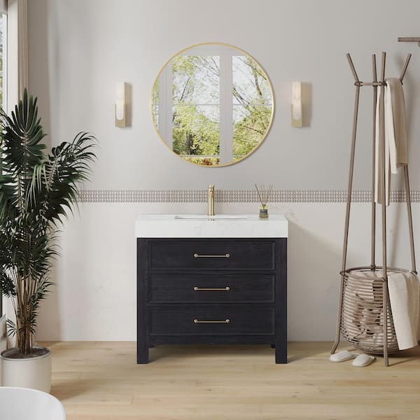 ROSWELL Leon 36 in. W x 22 in. D x 34 in. H Single Bath Vanity in Fir Wood Black with White Composite Stone Top and Mirror