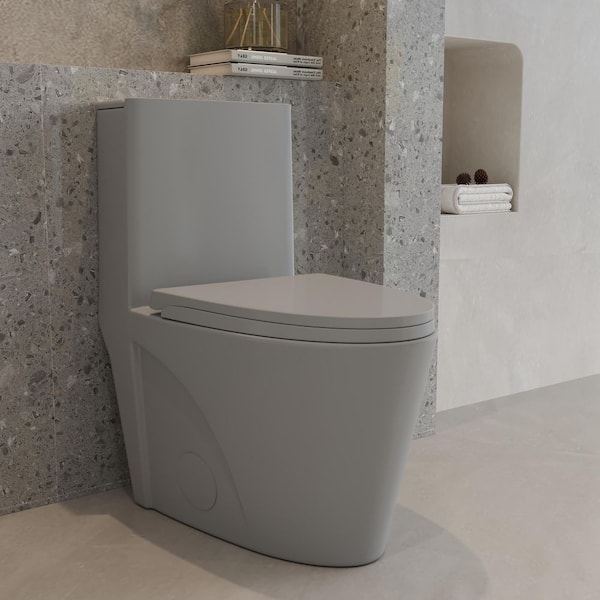 1-Piece Toilet 1.1 GPF/1.6 GPF Dual Flush Elongated Toilet with Quiet Soft Close Seat in Light Grey