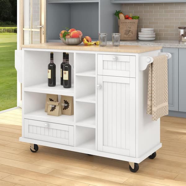 Ziyudura Rolling White Wood Top 50 in. Kitchen Island Cart with Adjustable Shelf, Large Storage Space, 5 Wheels