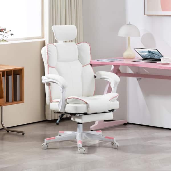 Executive Faux Leather Office Chair with Headrest, Foot Rest, High Back Desk Chair, Executive Chairs in White